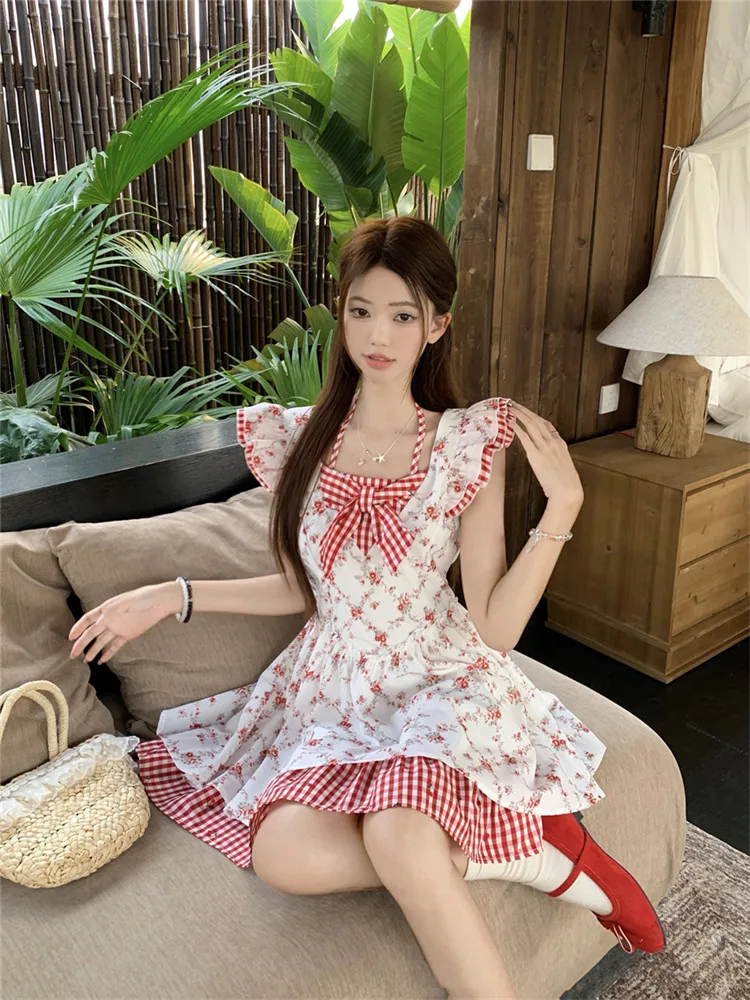 夏休み草原シックな花柄ショート A ラインドレスかわいいリボンパッチワークショートフライングスリーブホリデーシーサイドミニドレス