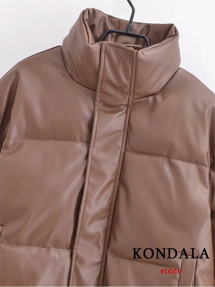 KONDALA Chic Casual Solid Brown PU Zipper Women Parka Jacket Fashion 2023 Vintage Streetwear Winter Down Coat Cool Warm Outwear