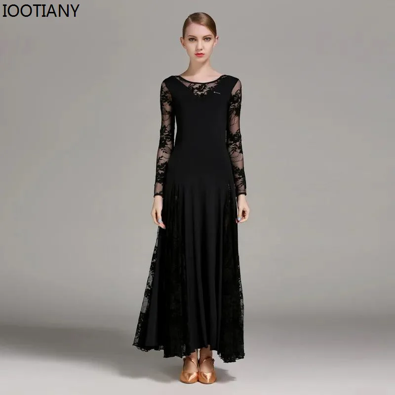 IOOTIANY 2024 Modern Dance Dress Sexy Lace Ballroom Dance Dress For Woman Long Sleeves Waltz Tango National Standard Dancewear