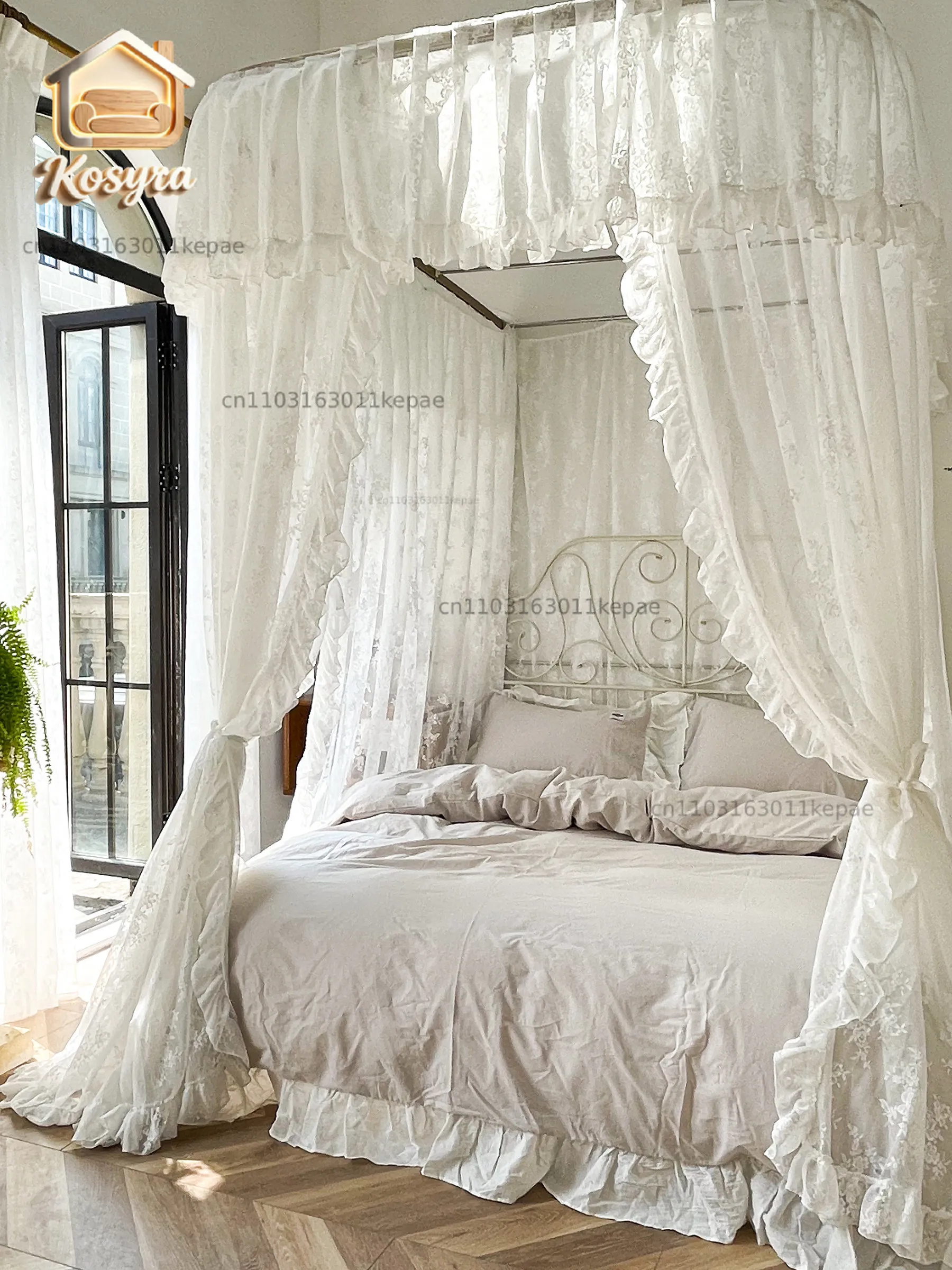 

2026 new 1.8m mosquito net white high-end French lace u-shaped guide rail princess windbed mantle three doors for family use
