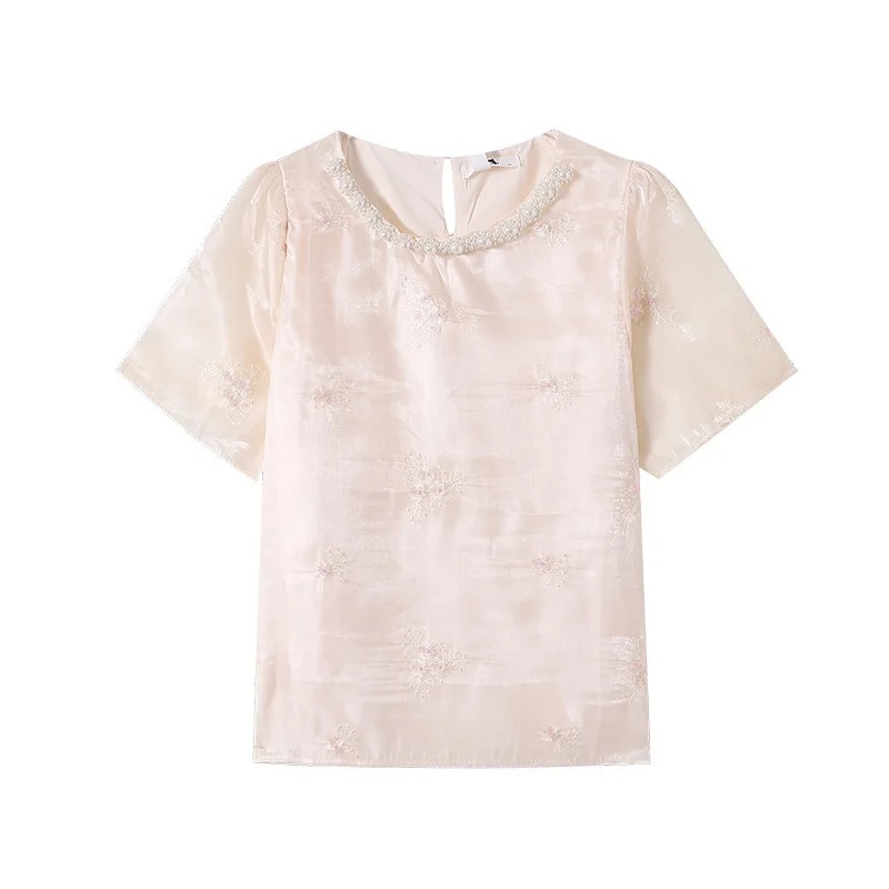 150Kg Plus Size Women's Bust 150 Summer Loose Jacquard Embroidery Pink Top Short Sleeve T-Shirt 5XL 6XL 7XL 8XL 9XL 5
