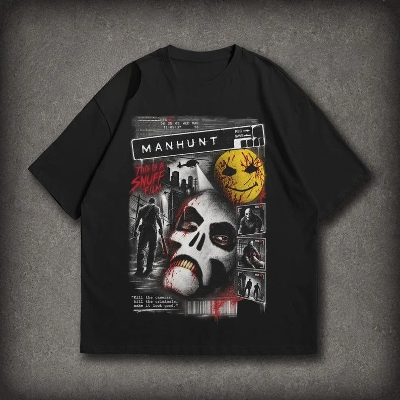 Manhunt Horror Game Poster Graphic T Shirt Men Retro Skull Mask Print Short Sleeve Tee Casual Streetwear Vintage Oversized Tops