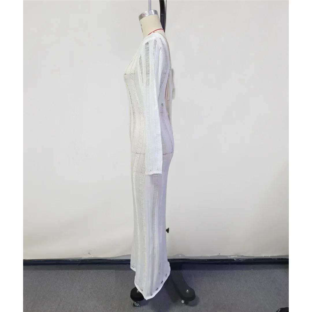 Langärmliges, rückenfreies, durchsichtiges, gehäkeltes, gestricktes Tunika-Strandkleid, Strandmode, Strandbekleidung, Strand-Cover-up, Damen V7006 – Detail 11
