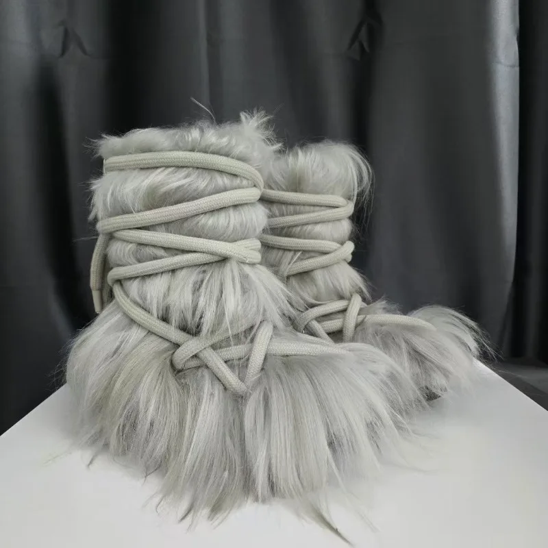 Unisex Furry High‑Calf Fashion Boots Faux Horse Hair Wrap Lace Thick Block Heel Winter Warm Custom Punk Street Show Party Boots