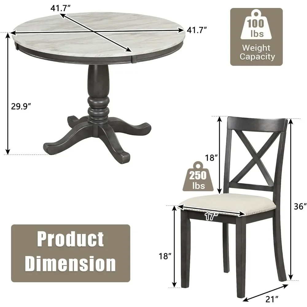 Kitchen 5-piece set of circular dining table and cushioned chair set, wooden dining table set,