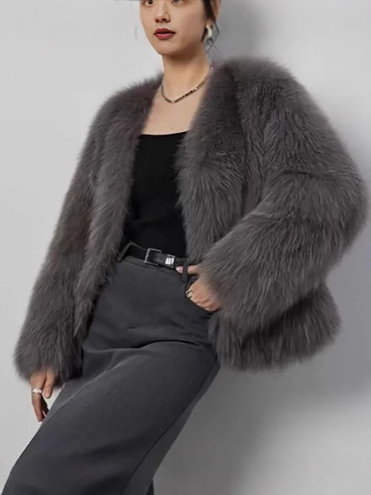 الرجعية رمادي المرأة فو الفراء الخريف الشتاء سترة بأكمام طويلة الفراء الاصطناعية موضة الخامس الرقبة الدافئة رقيق أفخم سترة