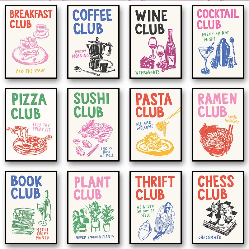 Póster de cocina moderno minimalista Pizza Sushi Club cuadro sobre lienzo para pared imagen impresa para sala de estar decoración del hogar Cuadros