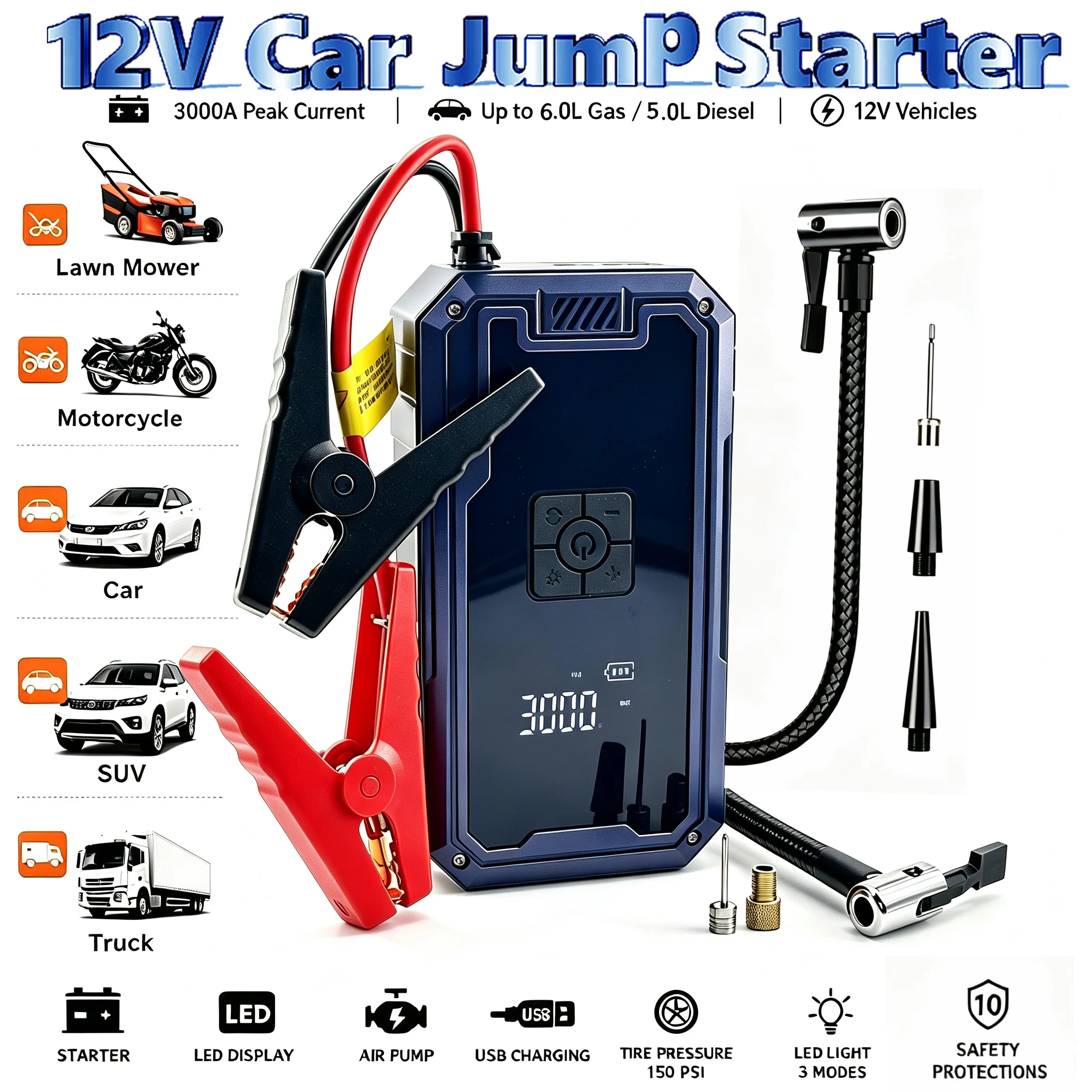 3000A Peak Jump Starter with Air Compressor 12V Car Battery Charger, 150 PSI Fast Tire Inflator, All-in-One Emergency Power Bank
