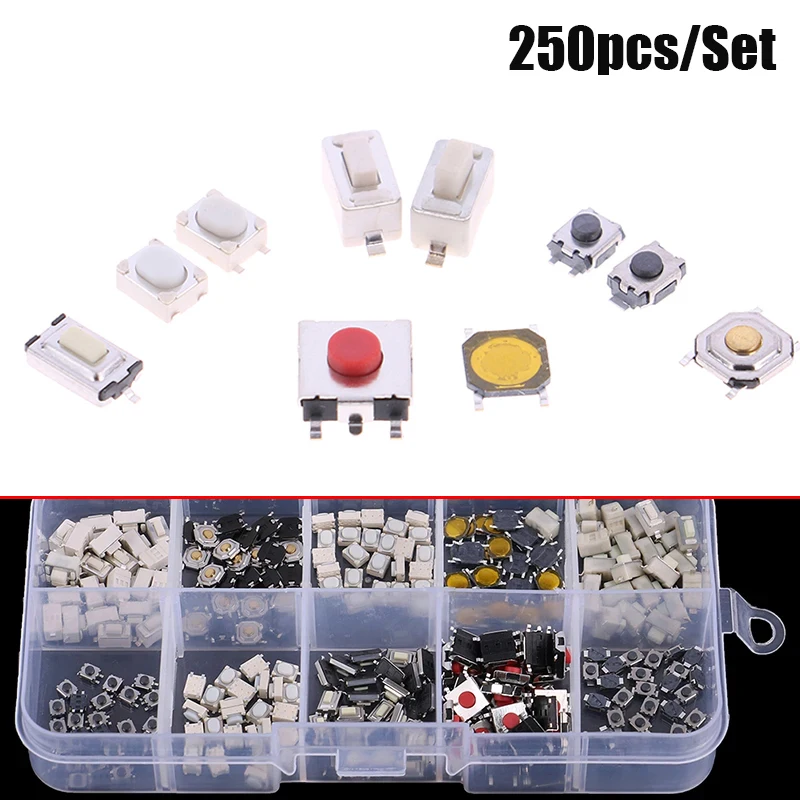 250Pcs/Set 10 Types Tactile Push Button Switch Car Keys Remote Control Touch Microswitch Kit