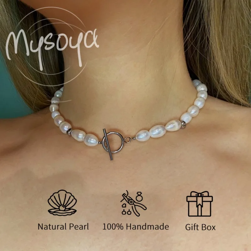 

MYSOYA ожерелье из белого рисового пресноводного жемчуга 7-8 мм с подарочной коробкой для нее/дня рождения/свадьбы/Рождества/новогодние подарки