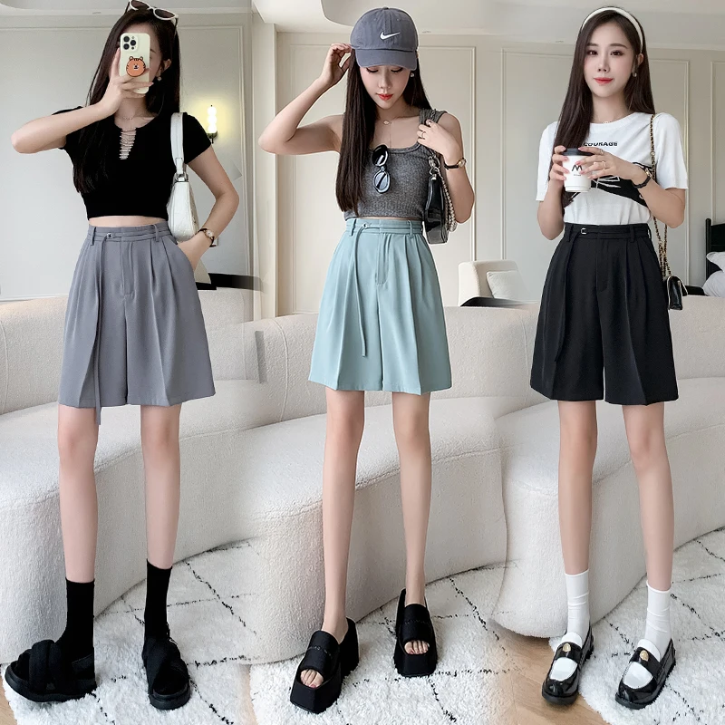 Fashion Streetwear Summer Shorts For Women High Waist Loose Wide Leg Short Pants Femme Bandage Bermudas Mujer Blue Grey Black