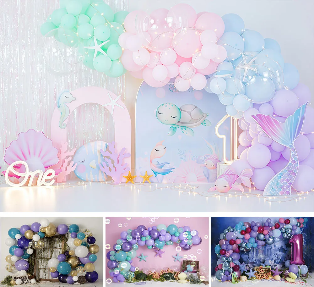 Fondo de Fotografía de La Sirenita, Castillo Bajo el Mar, Globo, Decoración para Cumpleaños de Niña, Retrato, Fondo para Estudio Fotográfico