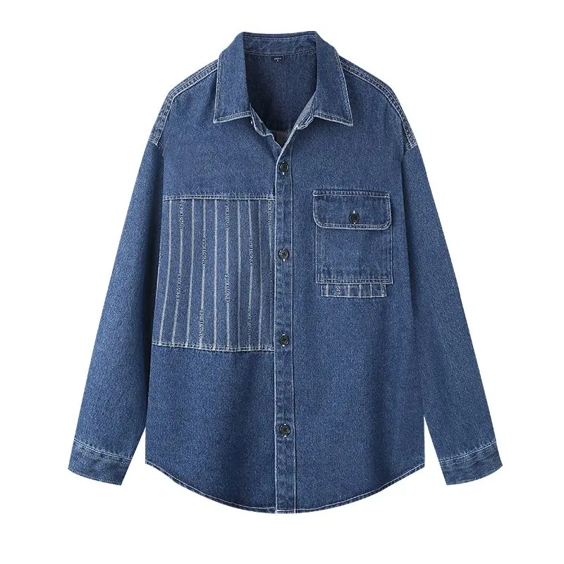 Men Korean Chic Turn-down Collar Pocket Denim Jackets Spring Autumn Long Sleeve Now Casual Loose Wear Out Vintage Fashion Coats