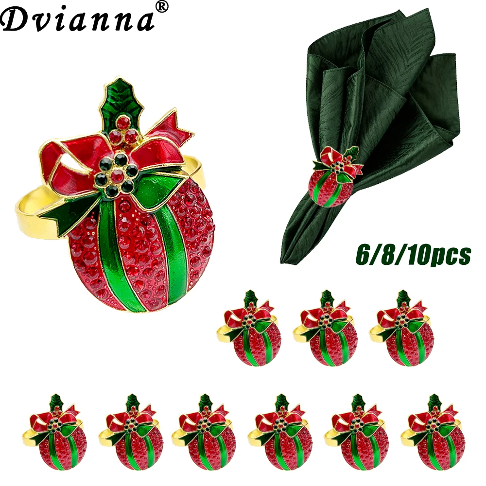 

6/8/10 шт., набор колец для салфеток в виде рождественского шара, красные, зеленые держатели для салфеток с кристаллами для рождественской вечеринки, праздничного декора стола