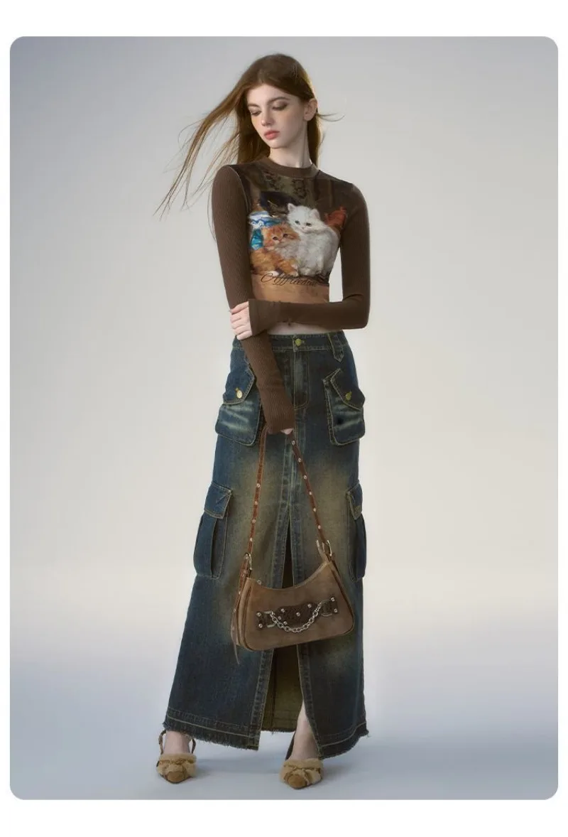 Y2k القط طباعة كم طويل Kawaii سليم صالح Hotsweet المحاصيل القمم بلايز س الرقبة خمر تيز المرأة Camisetas اليابانية Harajuku