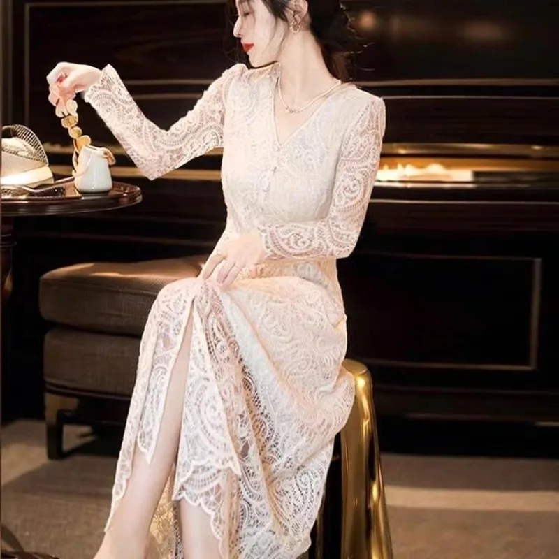 

Весенне-летняя женская новая элитная светская элегантная французская длинная юбка трапециевидной формы, женская коллекция с v-образным вырезом, абрикосовое кружевное платье