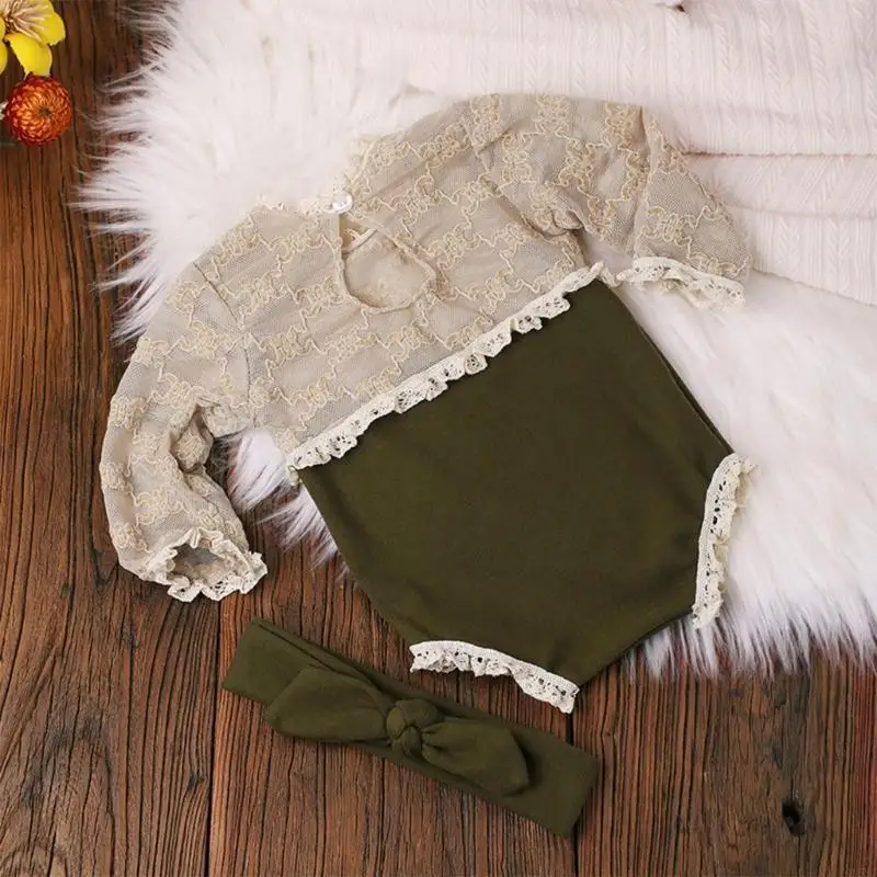 A5YC Newborn Photo Props Bowknot Headband & Lace Jumpsuits Baby Photography Clothes Headdress Long Sleeved Romper for Girl
