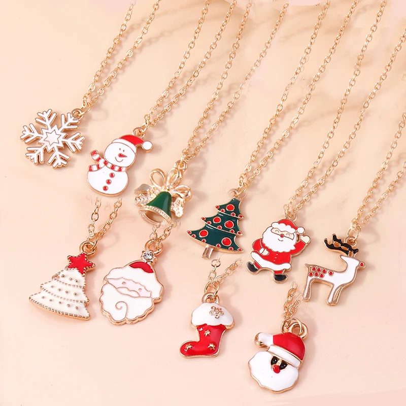 Aihua 3pcs4pcs Christmas Necklaces Enamel Xmas Tree Bell Santa Snowflake Necklace Pendants for Women Gifts Trendy Jewelry Set