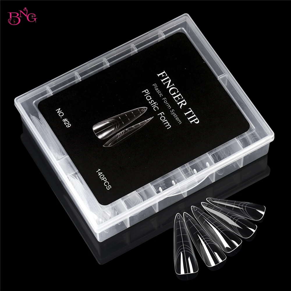 BNG 140 Uds. Kit de manicura de moldes de extensión de uñas con tapa de almendra ovalada, formas inteligentes de cobertura completa, formas duales reutilizables, 14 tamaños, 3 estilos