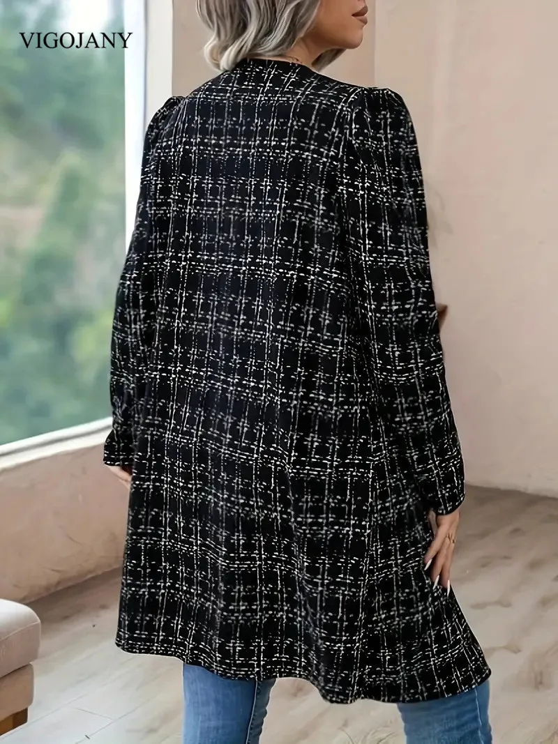 VigoJany 2025 Winter Plaid Plus Size Coat Women Casual O-Neck Large Long Sleeve Outwear Ladies Chubby Open Stitch Curvy Clothes