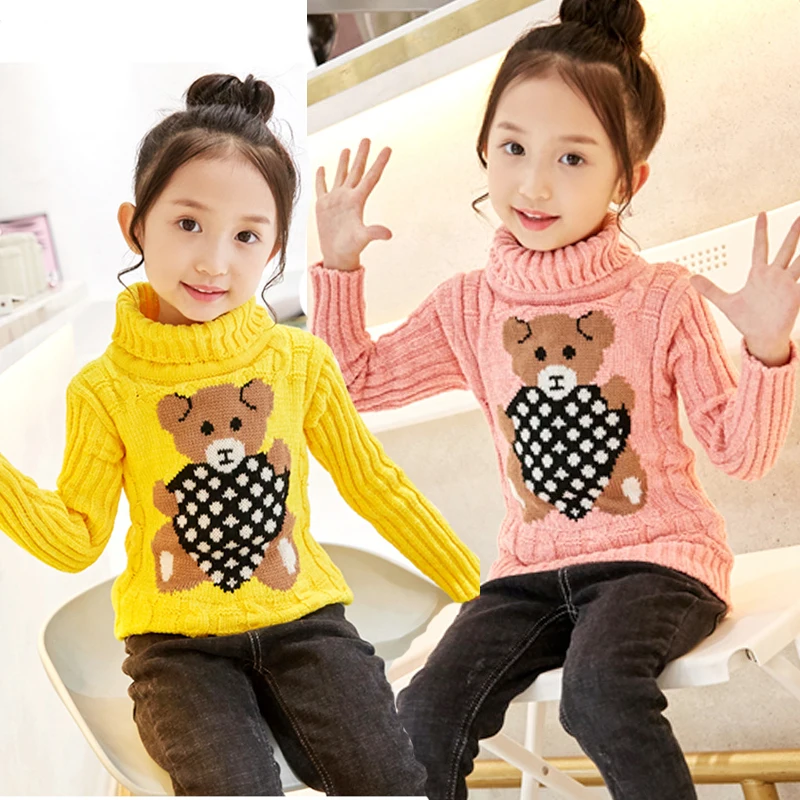 New Winter Keep Warm Girls Sweater Cartoon Bear Pattern High Neck Design Full Sleeve Knitted Shirt Children Birthday Present