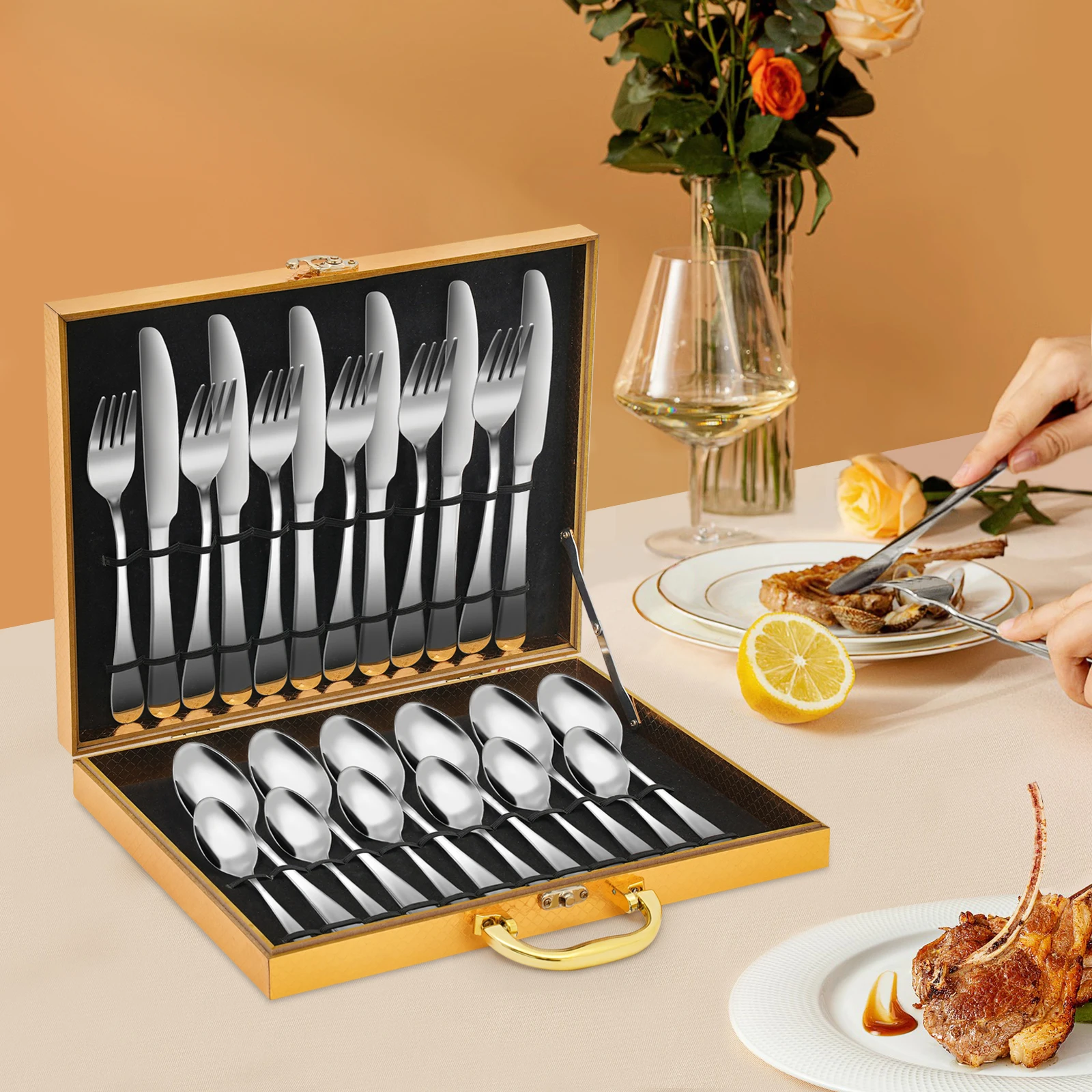 24 Pcs Elegant Cutlery Set Stainless Steel Tableware Set Fork Knife Spoon Western Dinner Flatware Gift Box Set