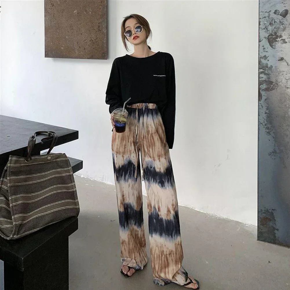 Streetwear Trousers Women Summer Elegant Streetwear Printed Tie Dye Elastic Waist Baggy Wide Leg Pants Korean Straight Trousers