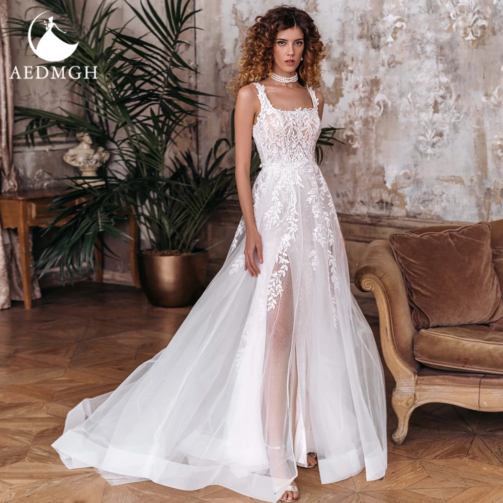 

Aedmgh A-Line Boho Wedding Dresses 2024 Boat Neck Sleeveless Vestido De Novia Charming Appliques Tulle Split Robe De Mariee