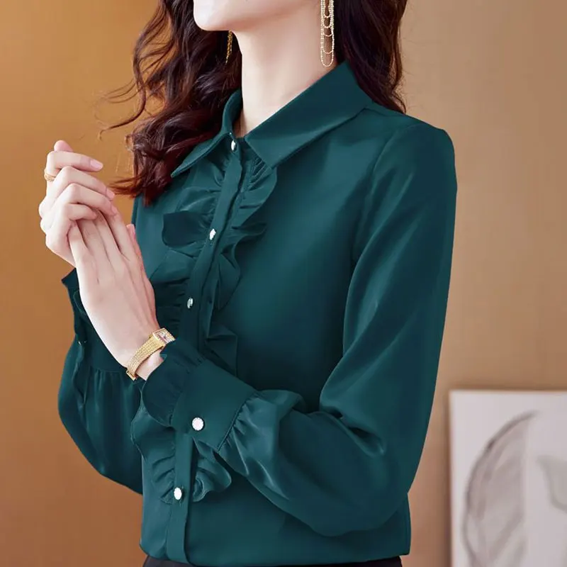 Women\'s Clothing Solid Color Ruffles Patchwork Blouse Spring Autumn New Elegant Single-breasted Commute All-match Straight Shirt