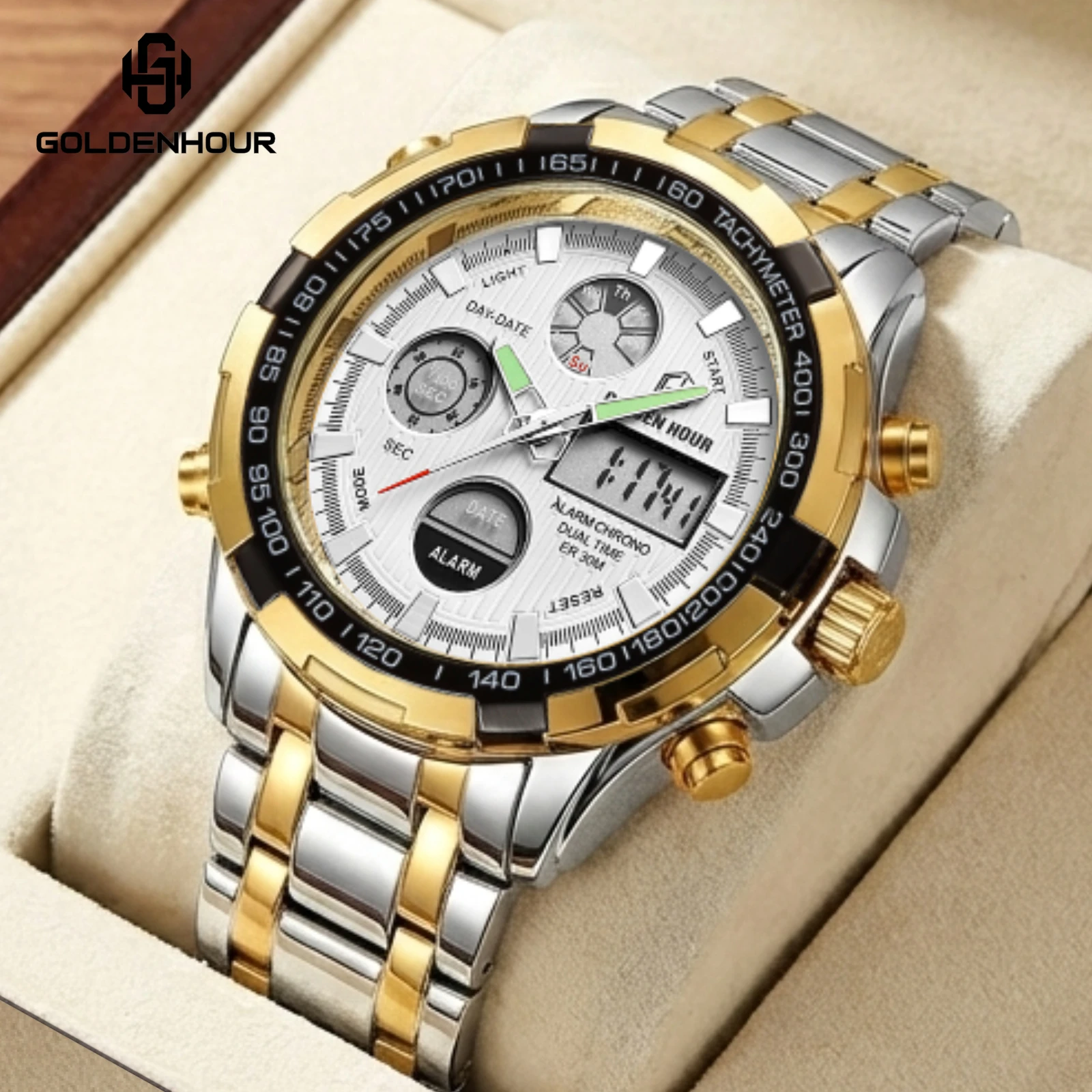 GOLDENHOUR Herren-Luxusuhr in Gold, industrieller Stil, Stahlband, LED, digital, analog, Dualzeit, wasserdicht, leuchtende Quarz-Armbanduhr