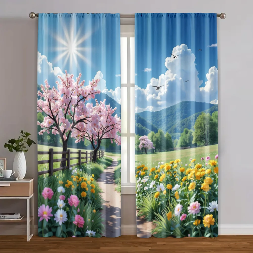 

2pcs, Contemporary Curtains Spring Scenery Durable Polyester (without rod) Holiday Perfect for Living Room, Bedroom & Home