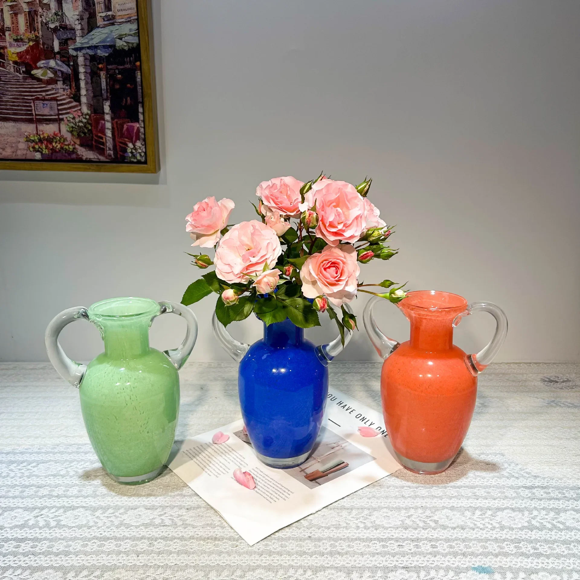 Colored Glass Vase Retro Handle Teapot Flower Vase Flower Arrangement Accessories Flowerpot Terrarium Home Decoration