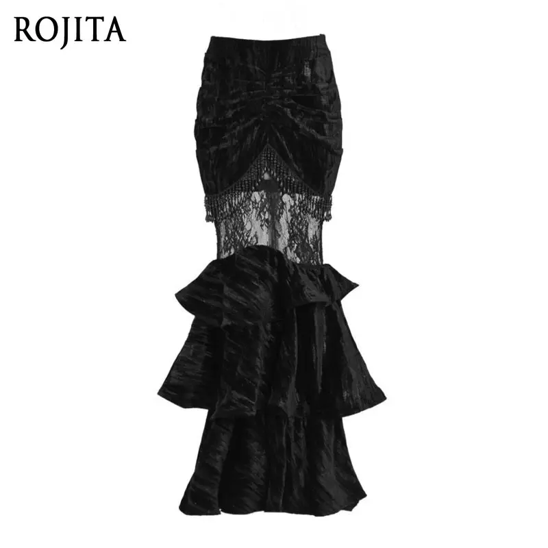 Black Crushed Velvet Mermaid Maxi Skirt Women Gothic Court Hip-wrapped Fishtail Slim Skirt Autumn Ruffle Flared Long Skirt