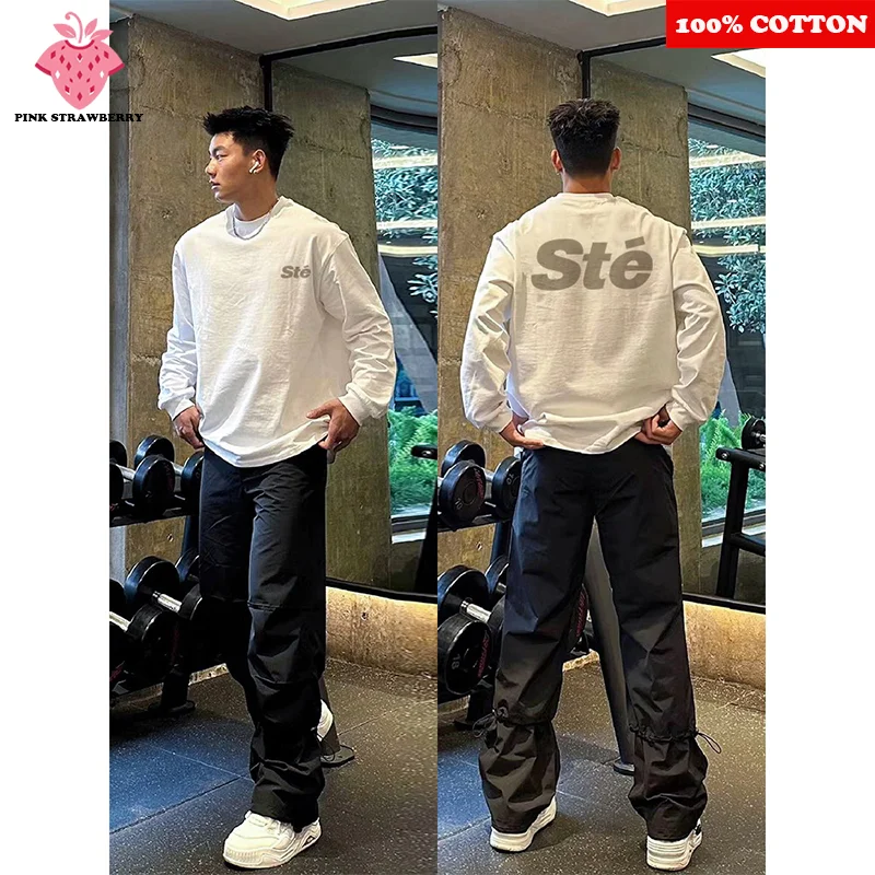 

Fashion Street Letter Print T-shirt Men Autumn 2025 New 100% Cotton O-Neck Long sleeves Sports Gym T-shirt Y2k Top Man clothing