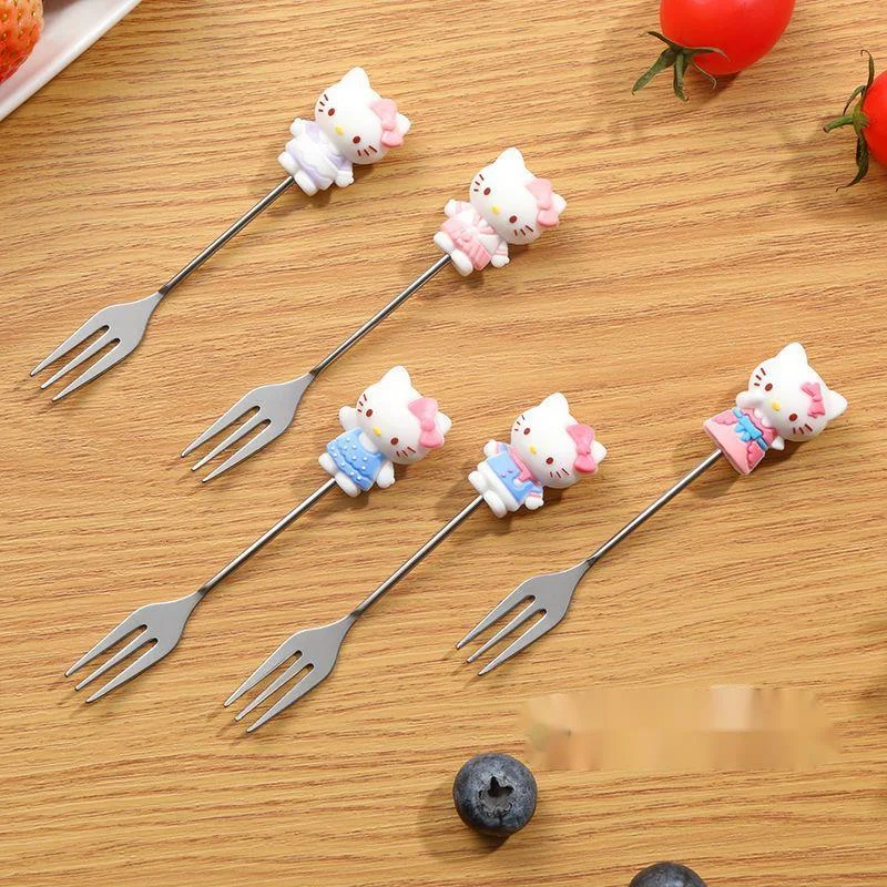 New Sanrio Hello Kitty Kuromi Stainless Steel Fork Set Cartoon Ceramic Jar Fruit Fork With Canister Cute Home Party Supplies Y2k