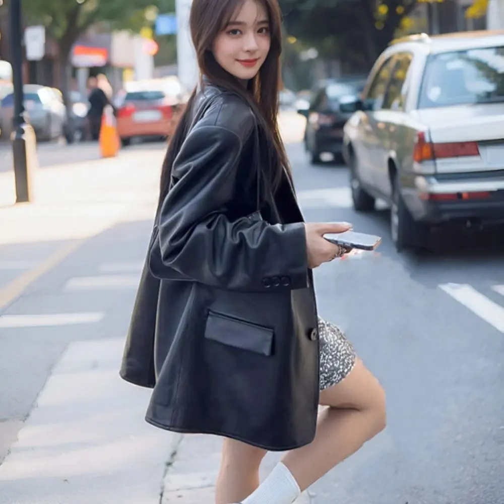 

Y2k Lapel Collar Leather Jacket Women Outerwear Retro Suit Leather Jacket Korean Chic Loose Vintage PU Coats Holiday