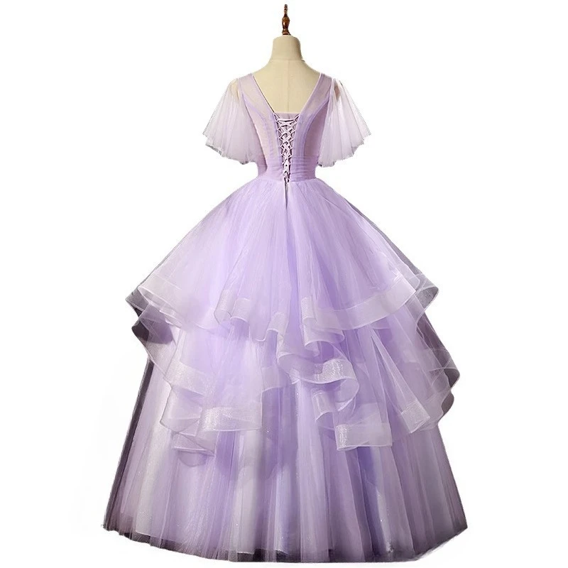 Dames V-hals Patchwork Paarse Avondjurk Modieus Afslanken Kunstexamen Prestaties Gezwollen Rok Fee Banket Volwassen Jurk