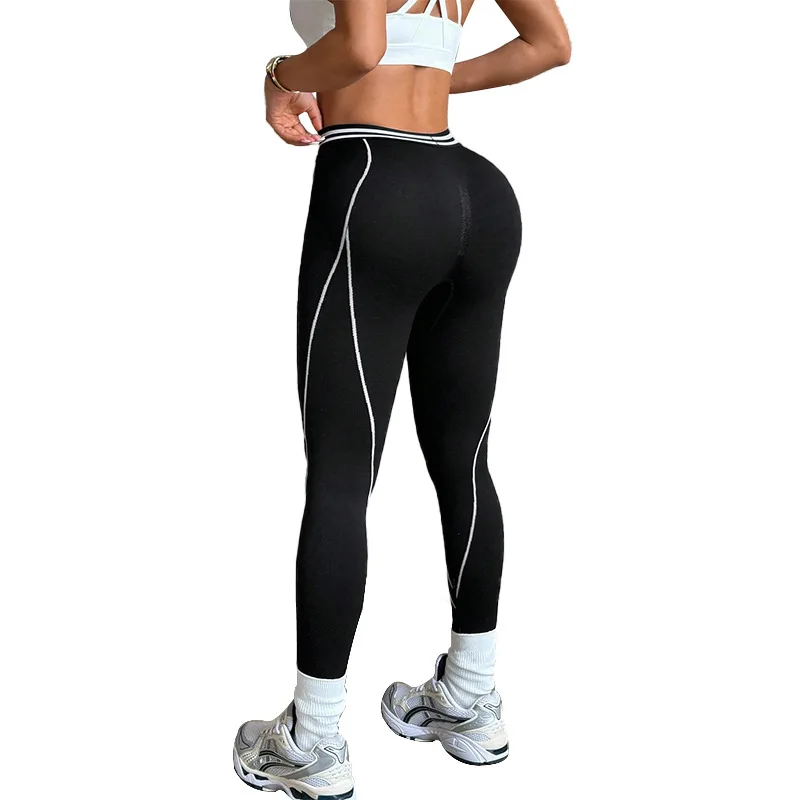 Women White Line Yoga Leggings Contrast Stripe Waistband Line Stitching Butt Lifting Gym Fitness Tight Workout Sports Pants