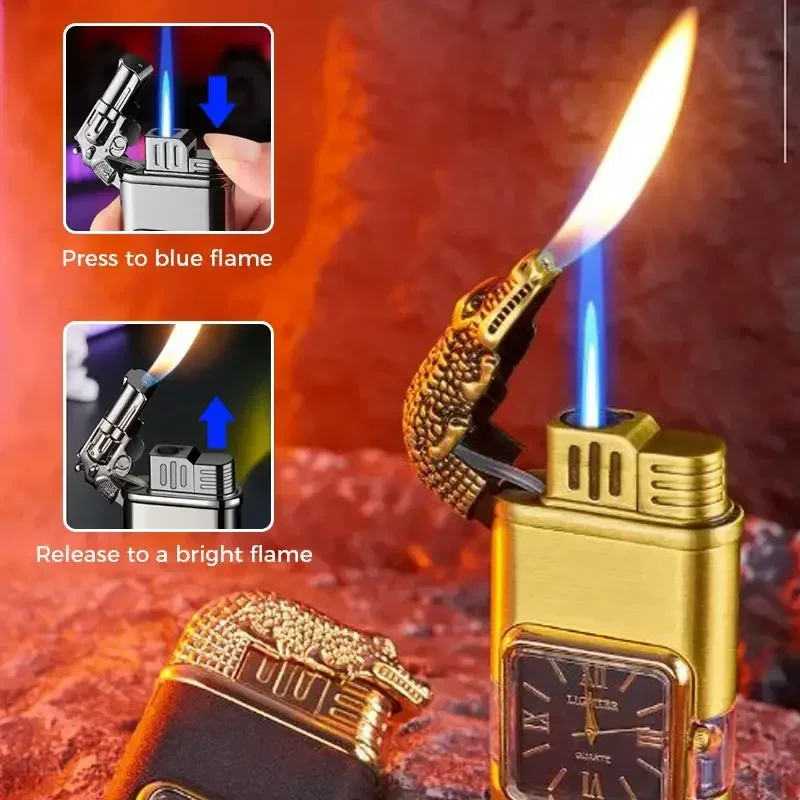 New Portable Metal Creative Blue Flame Lighter Personalized Windproof Elegant Open Flame Double Flame Lighter Men\'s Gift