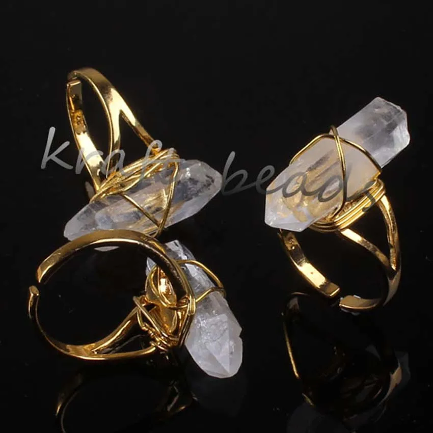 Wire Wrapped Natural Raw Irregular Rock Crystal Quartz Pillar Stone Resizable Size Finger Ring  Women Girls Jewelry Gifts