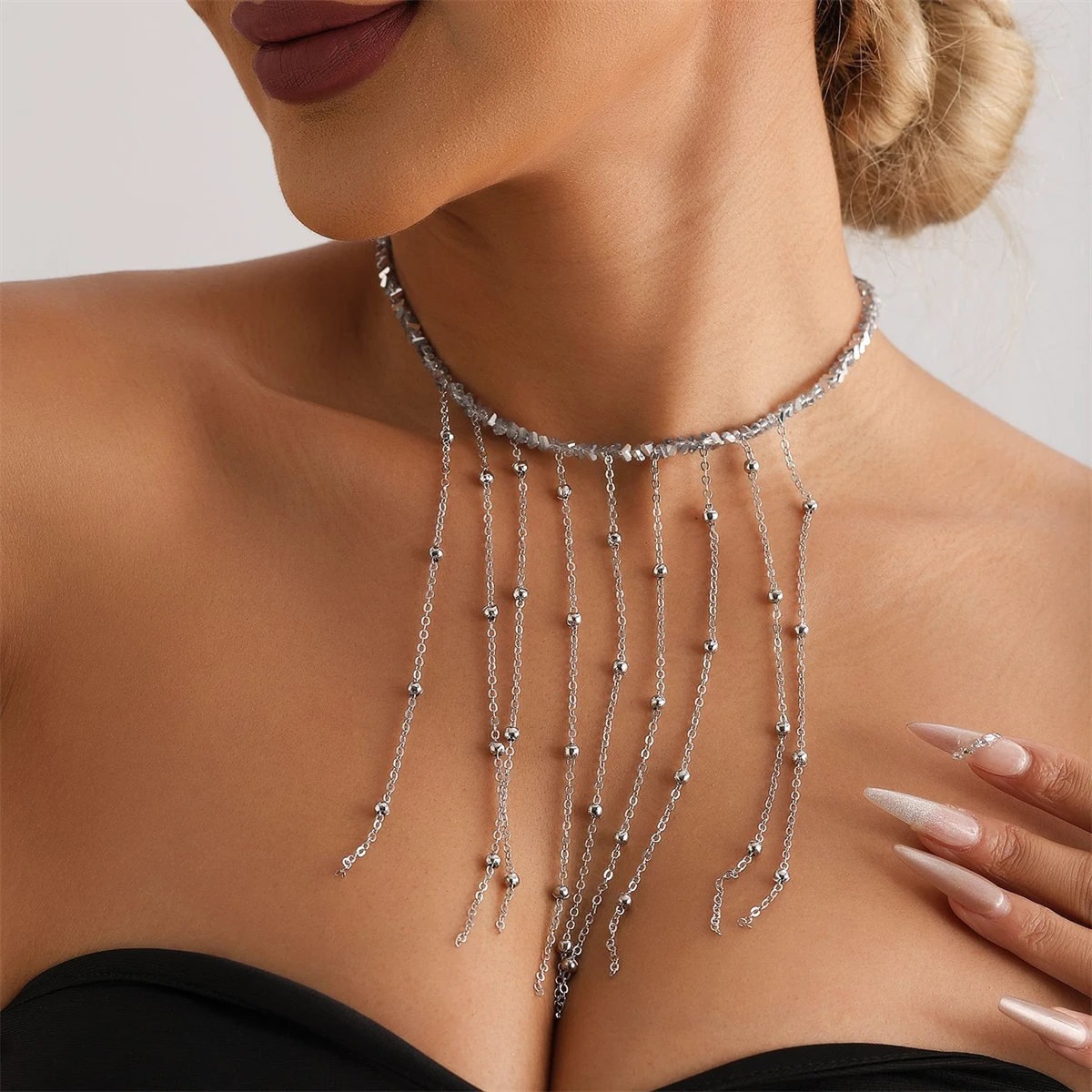 

WAKA Trendy Fringe Tassel Choker Necklace for Women Elegant Statement Layered Chain Jewelry Gothic Style for Party Clubwear