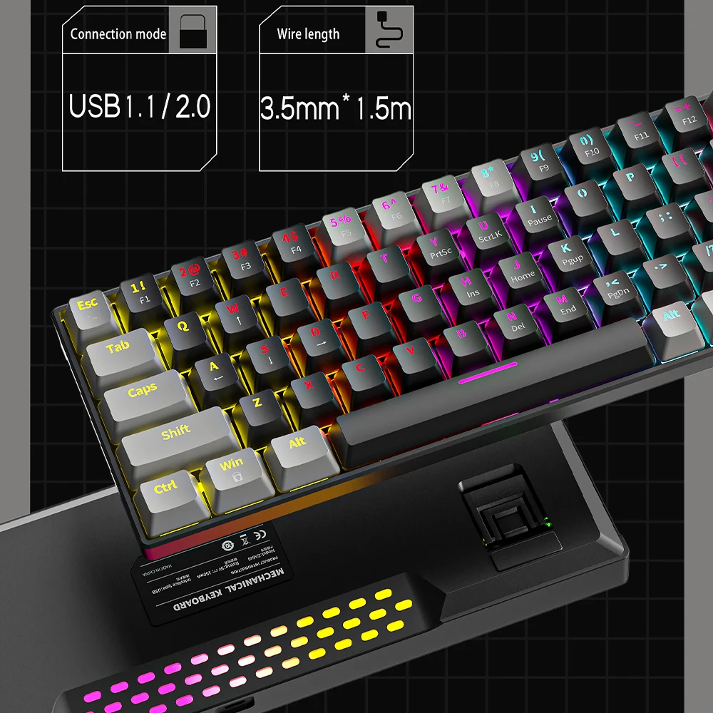 FURYCUBE 63-klawiszowa klawiatura mechaniczna 60% ZA646 przewodowy typ C Hot Swap RGB ILLUSION podświetlana Gamer biała Mini klawiatura do gier