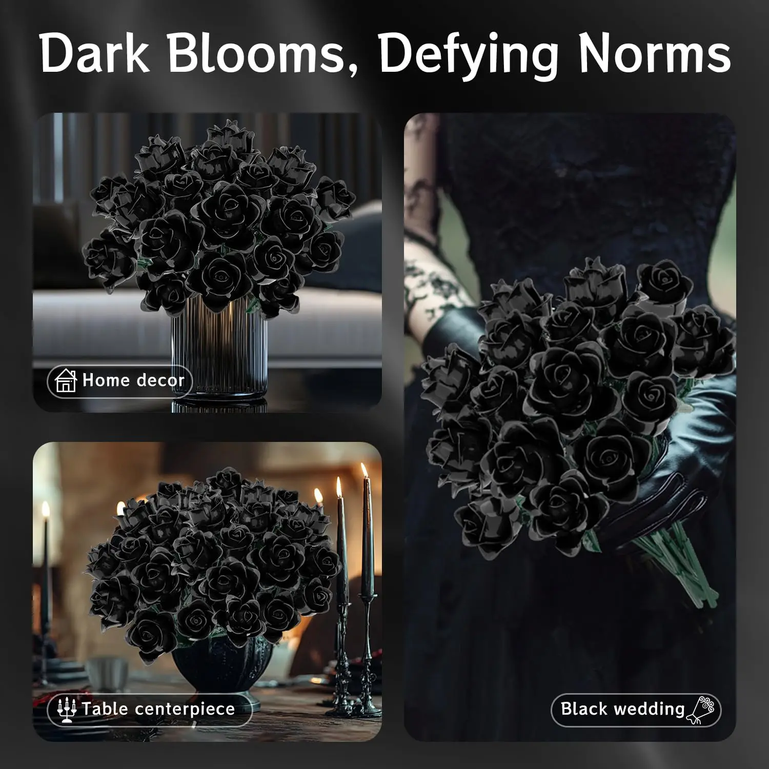 12PC Black Rose Building Block Plant Bouquet Simulated Roses Flowers Gothic Decoration Home Display Adult Holiday Gifts Toys view 6