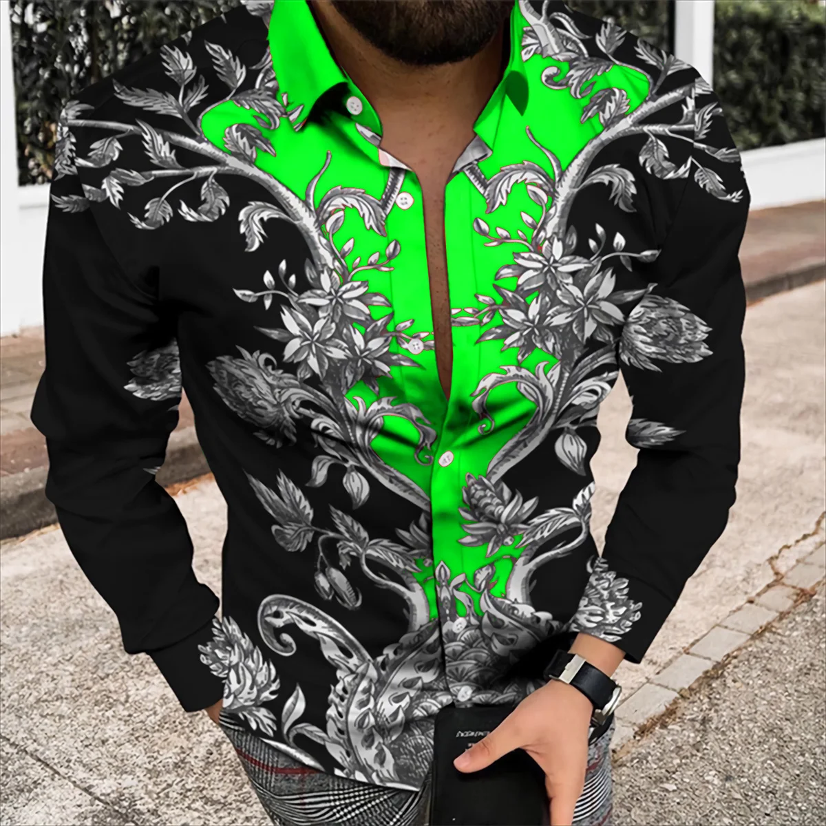 Camisa de manga comprida padrão textura floral masculina, top estampado 3D, moda casual, roupas unissex, primavera, outono, novo, 2024