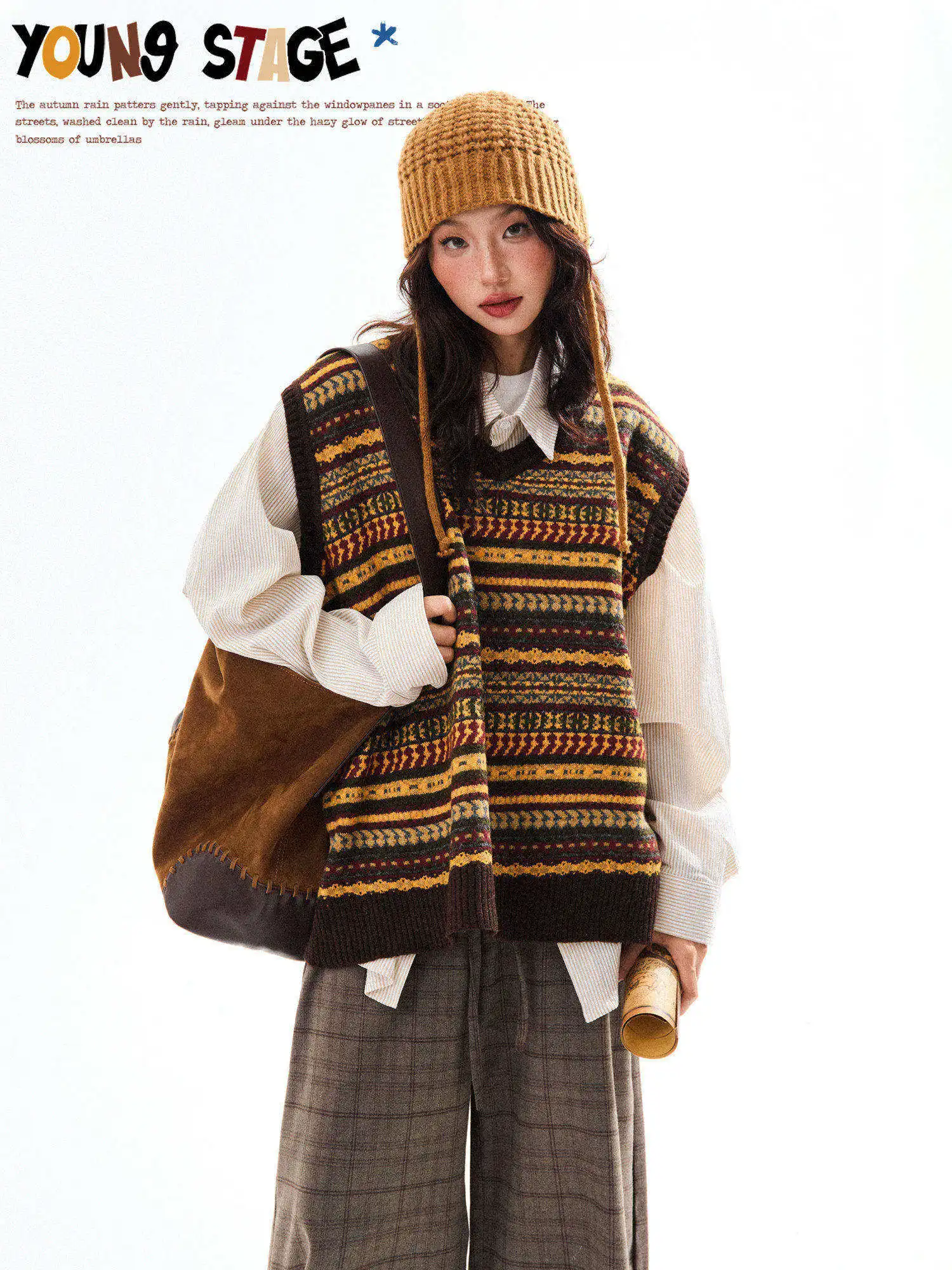 

Женский винтажный полосатый вязаный жилет с V-образным вырезом для ранней осени, тонкий, из смесового полиэстера, для многослойных образов