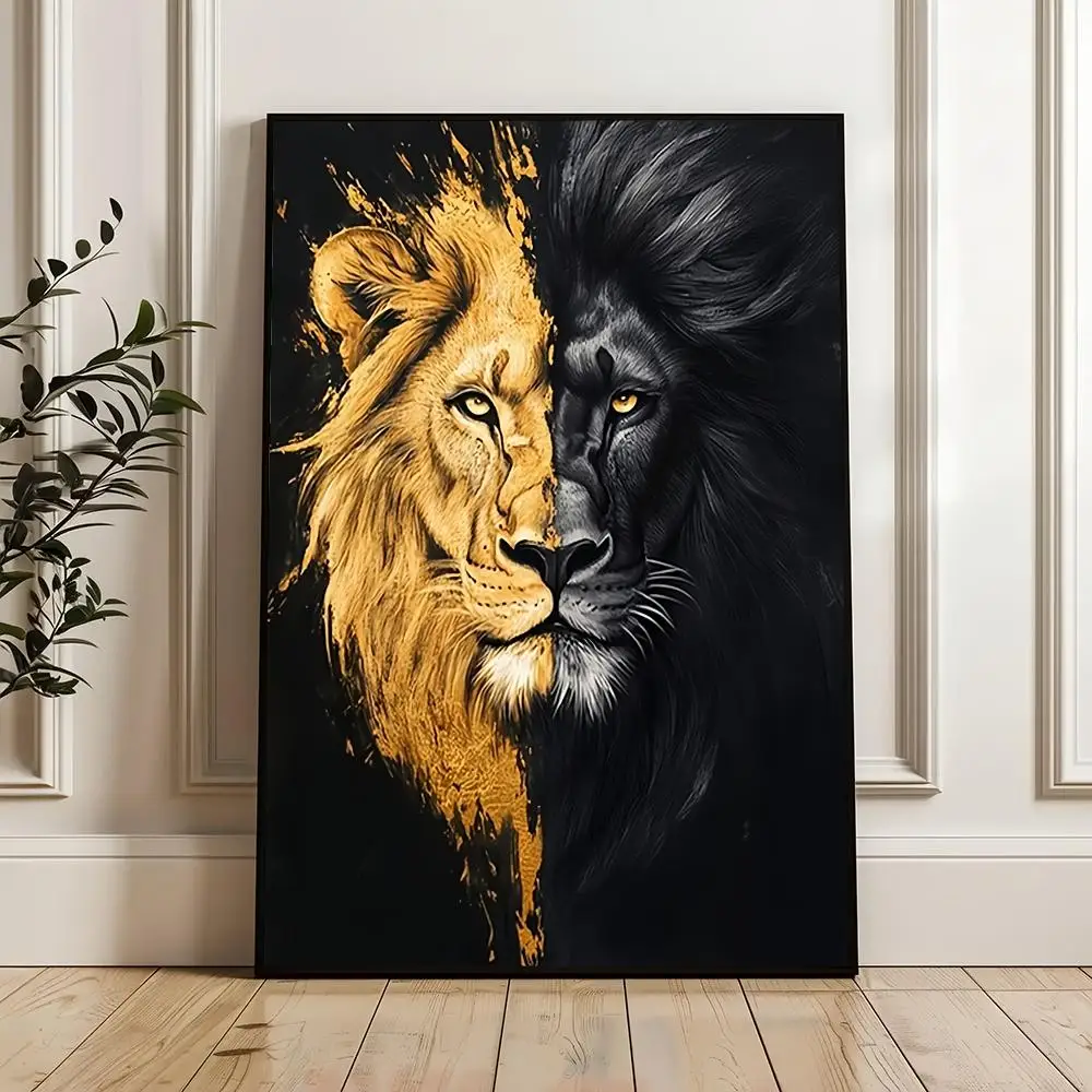 Luxury Gold Foil & Black Lion Noble Wild Animal Decor  Poster Sticker Stylish Home Gift for Living Room Bedroom Corridor Cafe