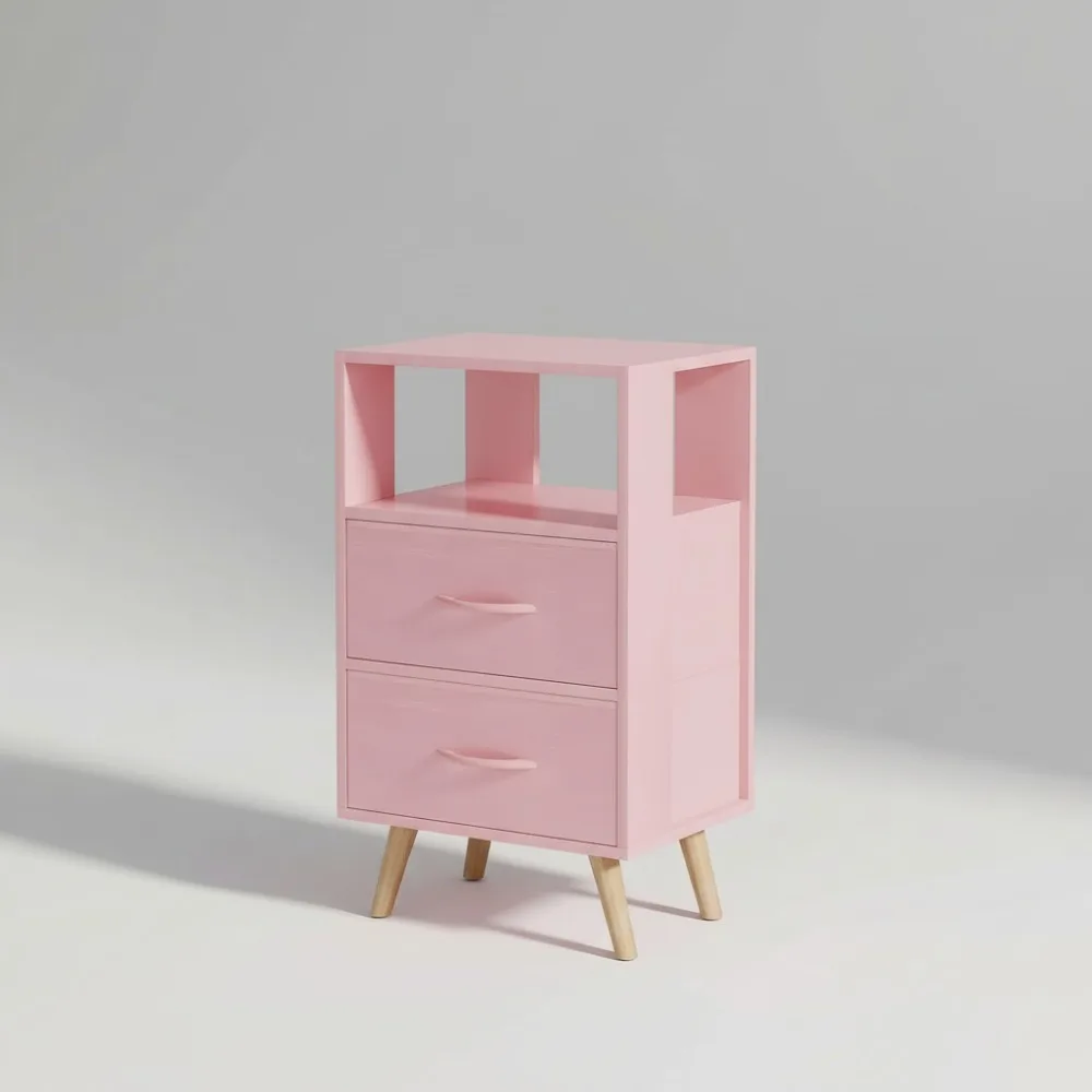 

Pink Kids Nightstand with 2 Fabric Drawers, 3-Tier Modern Side Table for Bedroom Nursery Storage