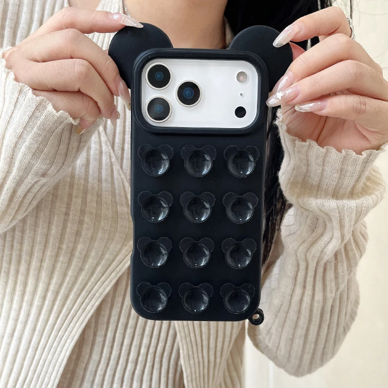 Coque de téléphone de luxe en silicone souple couleur unie motif dessin animé pour iPhone 17 Pro Max 15 14 13 16 Pro Max avec ventouse et pare-chocs arrière