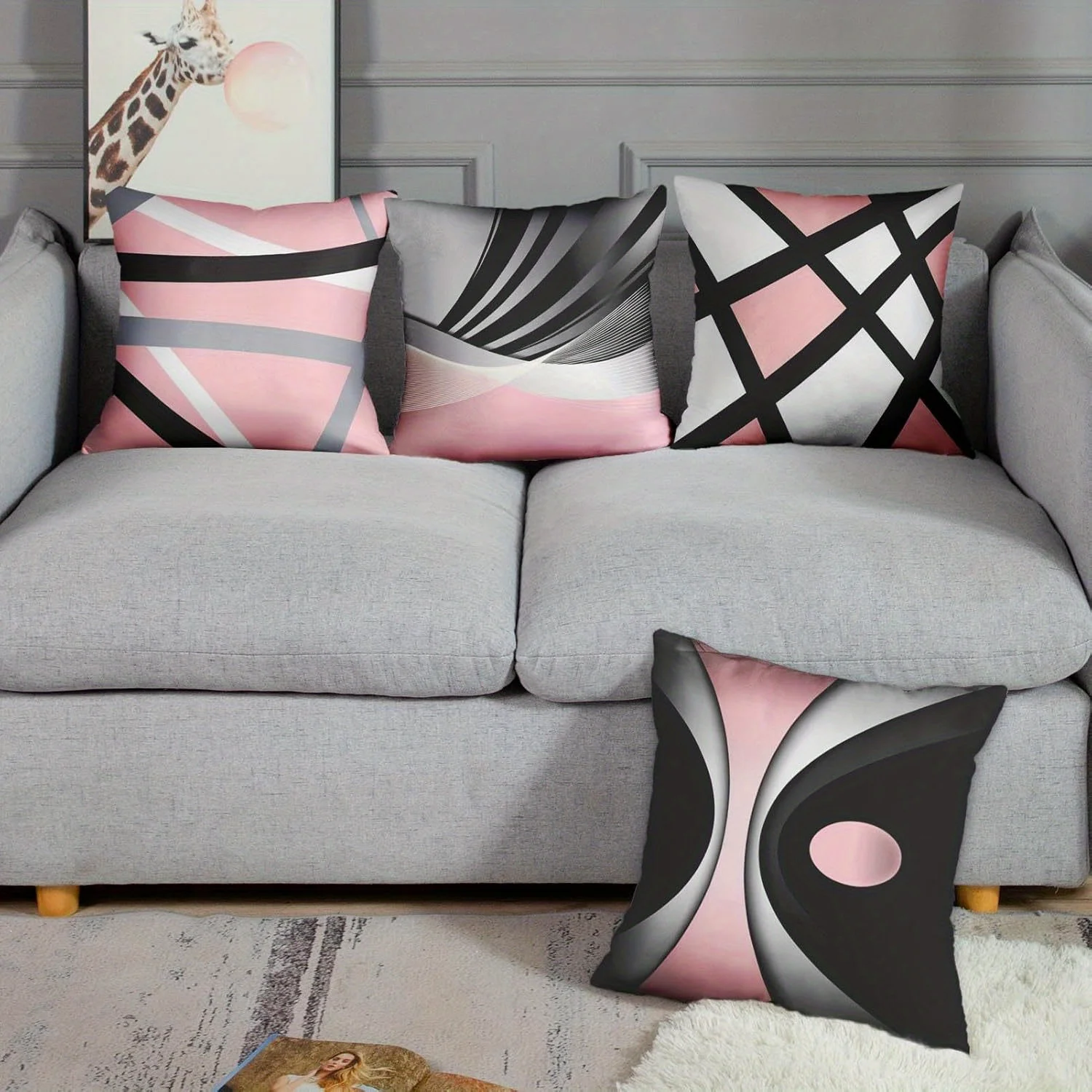 Pink black lines geometric decorative pillowcase, ultra-soft polyester material living room sofa back car pillowcase decoration