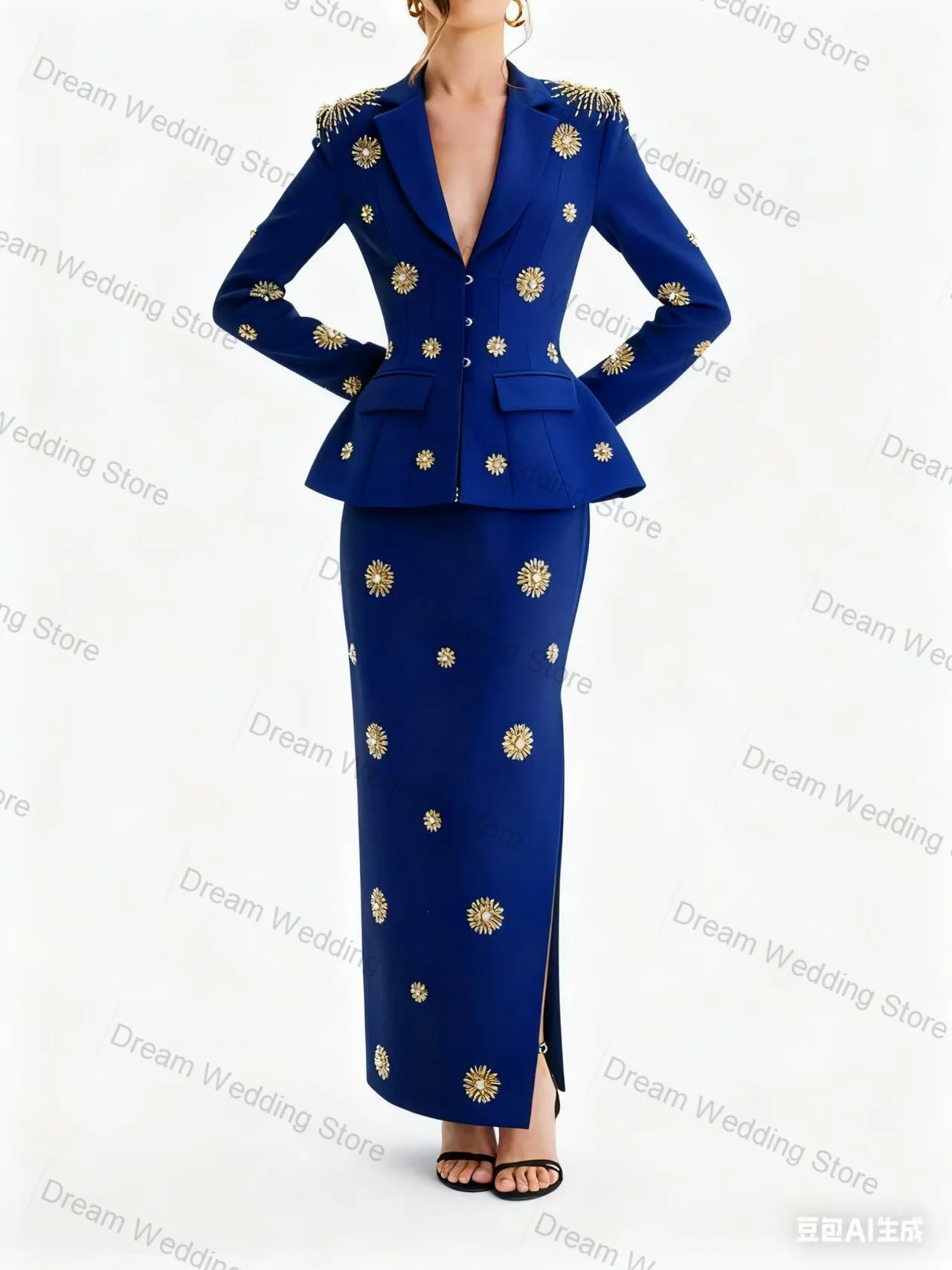 المرأة البدلة تنورة مجموعة 2 قطعة السترة فستان حفلة موسيقية بلورات فاخرة مكتب رسمي سترة حريمي مخصصة ضيف حفل زفاف معطف #3